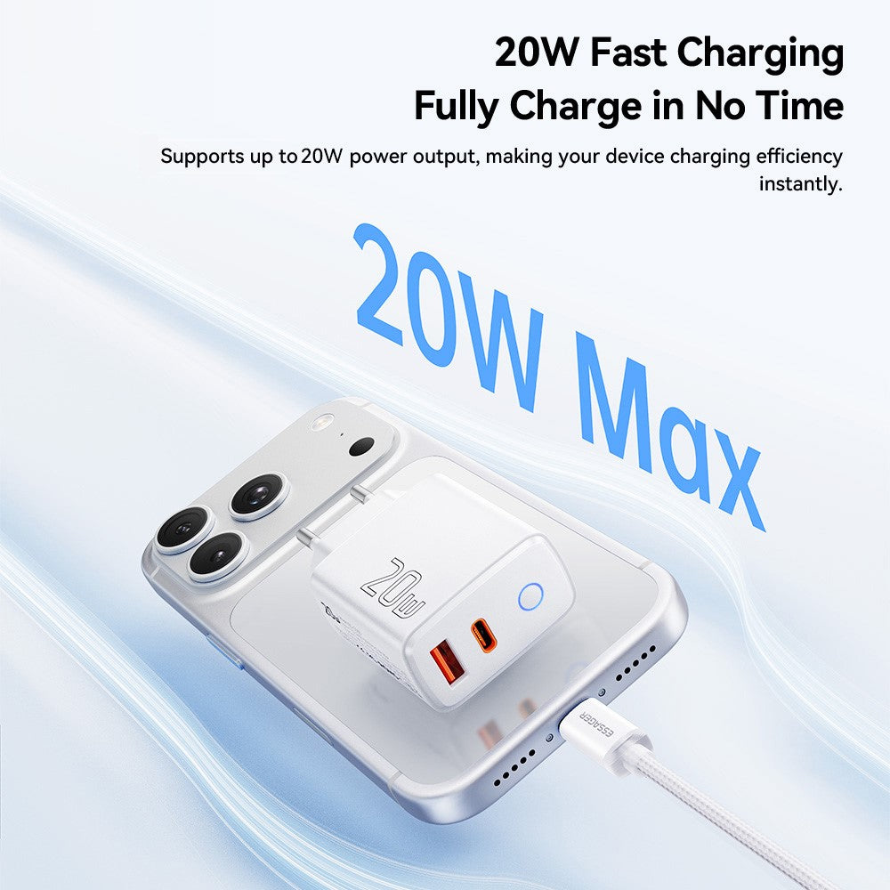 ESSAGER ES-CD55 20W Opladersæt Dobbeltport USB-A + Type-C Hurtigopladningsadapter med Type-C til Type-C Kabel