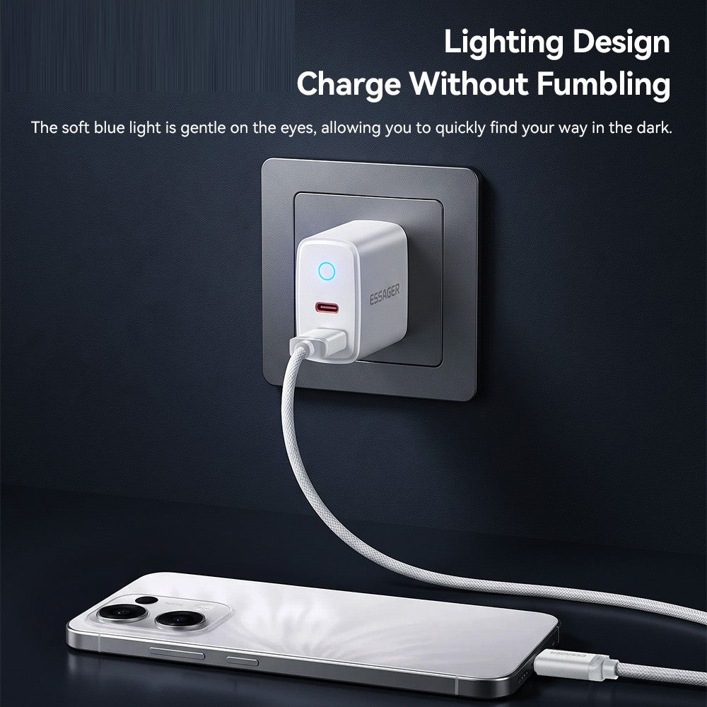 ESSAGER ES-CD55 20W Opladersæt Dobbeltport USB-A + Type-C Hurtigopladningsadapter med Type-C til Type-C Kabel