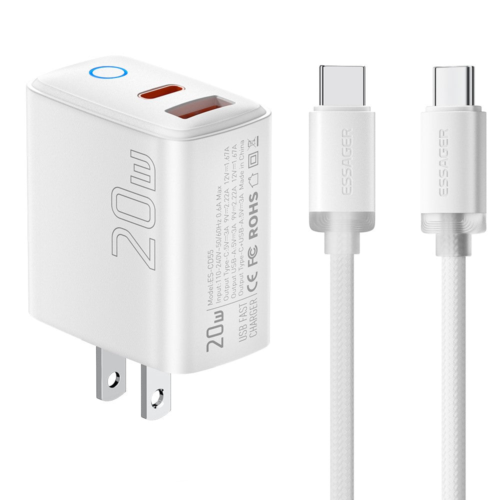 ESSAGER ES-CD55 20W Opladersæt Dobbeltport USB-A + Type-C Hurtigopladningsadapter med Type-C til Type-C Kabel