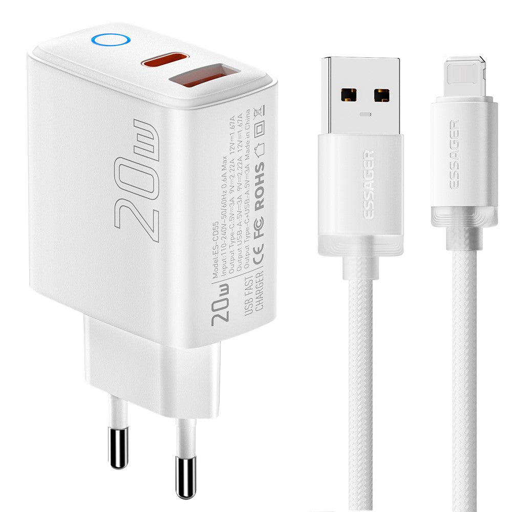 ESSAGER ES-CD55 20W Opladersæt USB-A + USB-C Hurtigopladningsadapter med USB-A til IP-kabel