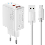 ESSAGER ES-CD55 20W Opladersæt USB-A + USB-C Hurtigopladningsadapter med USB-A til IP-kabel
