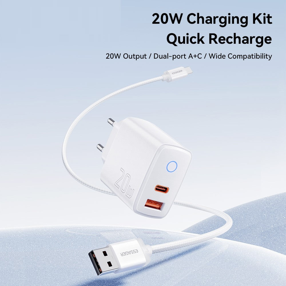 ESSAGER ES-CD55 20W Opladersæt USB-A + USB-C Hurtigopladningsadapter med USB-A til IP-kabel