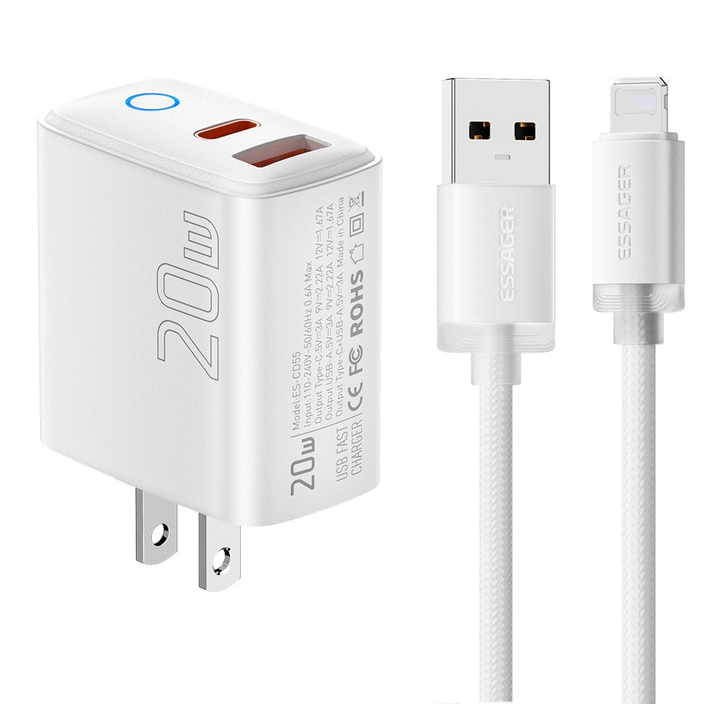 ESSAGER ES-CD55 20W Opladersæt USB-A + USB-C Hurtigopladningsadapter med USB-A til IP-kabel