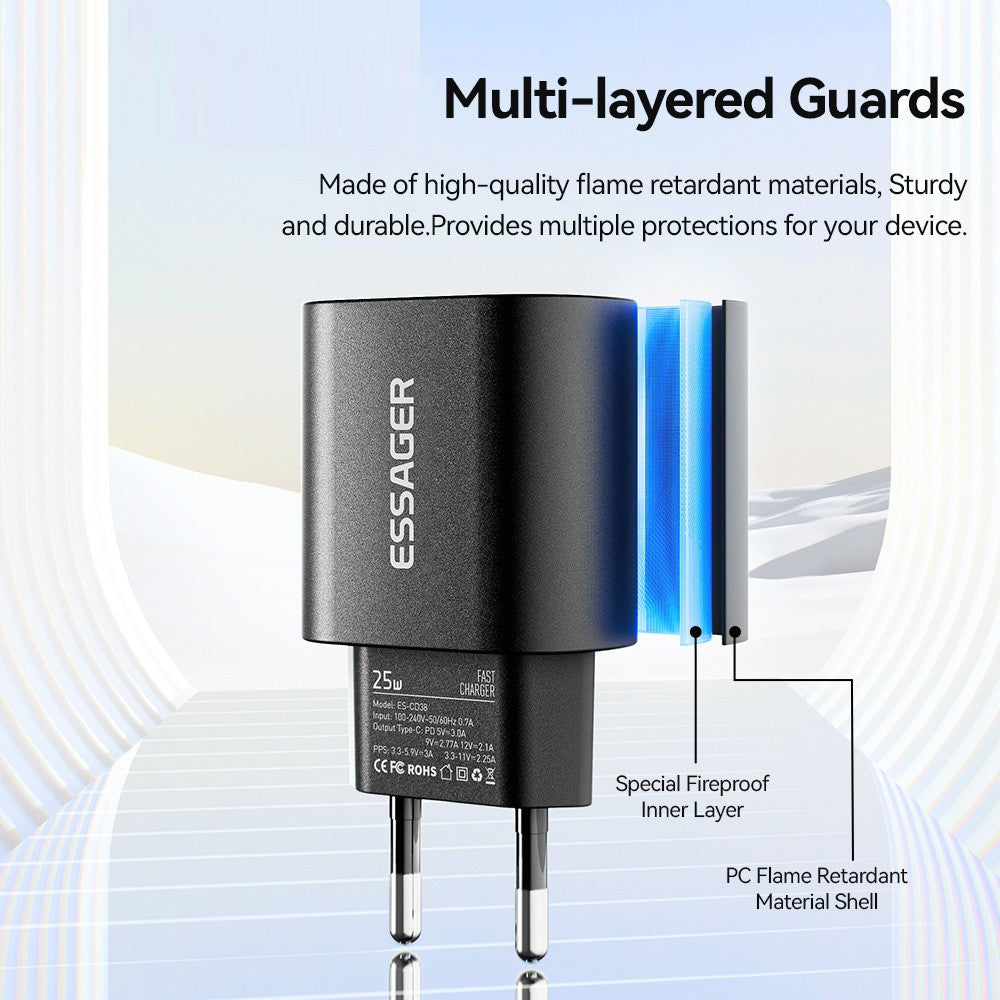 ESSAGER ES-CD38 25W USB-C Wall Charger PD Fast Charging Adapter for iPhone Samsung, EU Plug