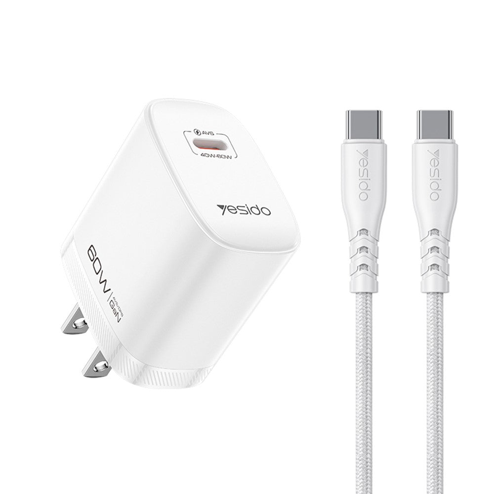 YESIDO YC25U 60W GaN Charger AVS Dynamic Fast Charging Adapter + Type-C to Type-C Cable , US Plug