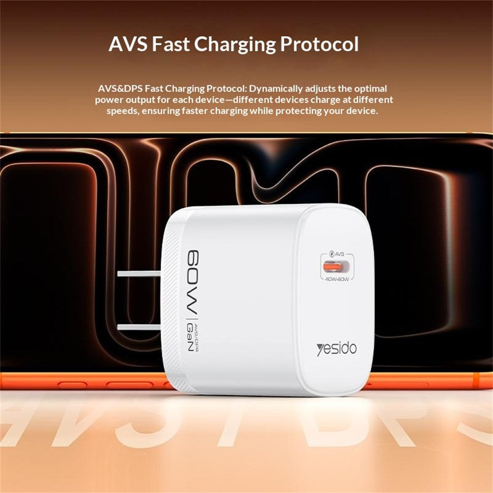 YESIDO YC25U 60W GaN Charger AVS Dynamic Fast Charging Adapter + Type-C to Type-C Cable , US Plug