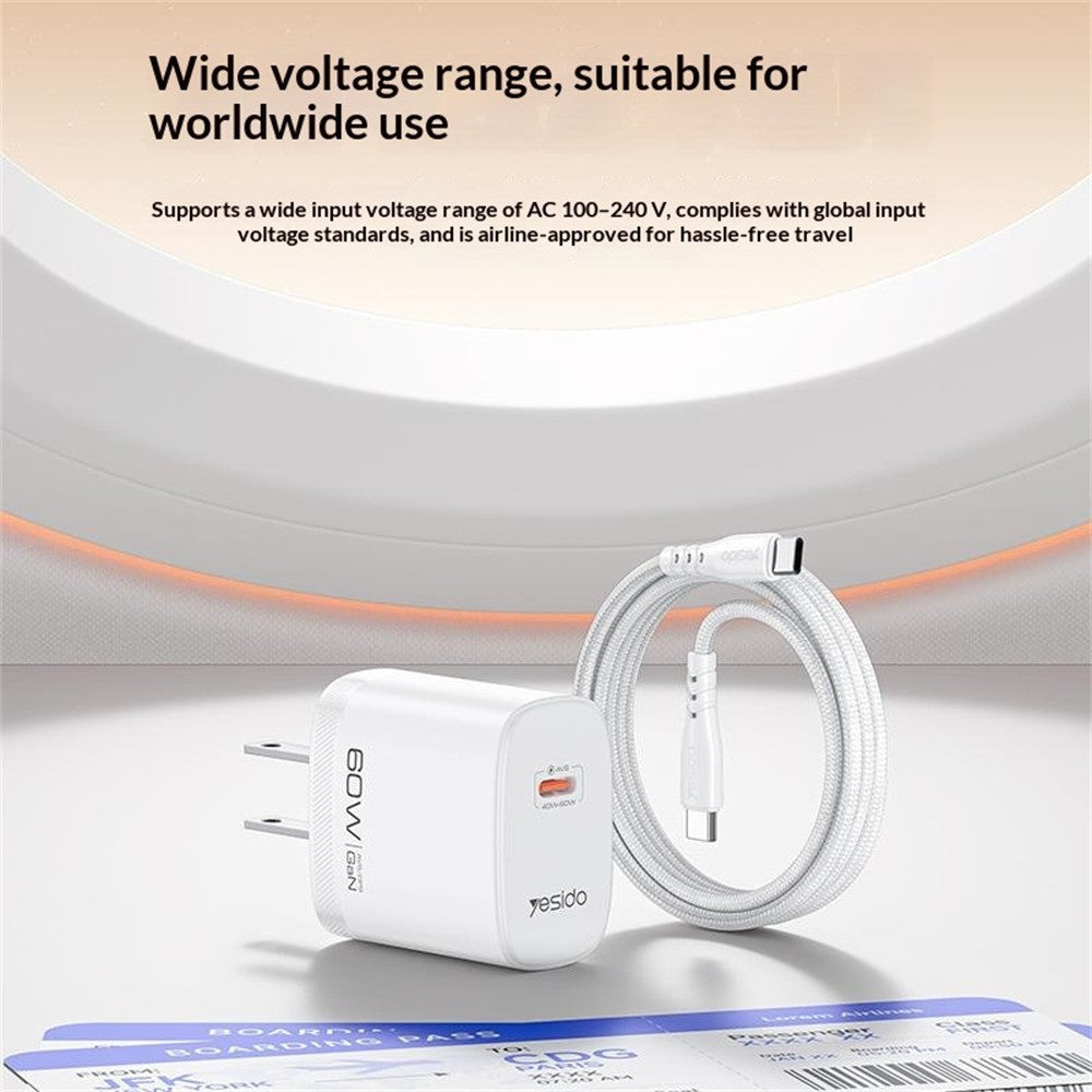 YESIDO YC25U 60W GaN Charger AVS Dynamic Fast Charging Adapter + Type-C to Type-C Cable , US Plug