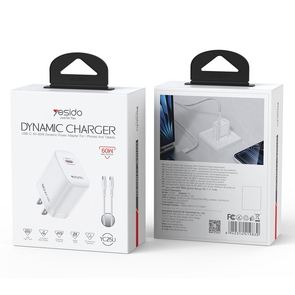 YESIDO YC25U 60W GaN Charger AVS Dynamic Fast Charging Adapter + Type-C to Type-C Cable , US Plug