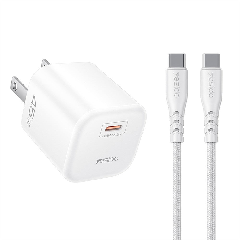 YESIDO YC26U PD 45W GaN-oplader enkeltport hurtigopladningsadapter + Type-C til Type-C-kabel, amerikansk stik
