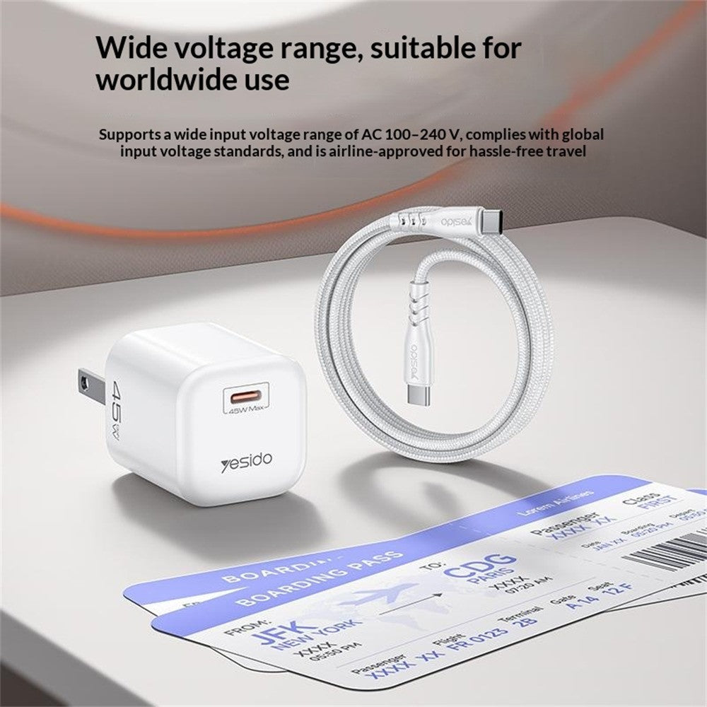 YESIDO YC26U PD 45W GaN-oplader enkeltport hurtigopladningsadapter + Type-C til Type-C-kabel, amerikansk stik