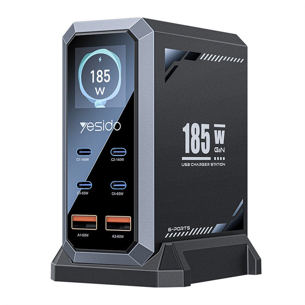 YESIDO YC118 185W GaN-multiportoplader med 6 porte, USB-C PD 3.1, dynamisk TFT-display, ladestation til bærbare enheder