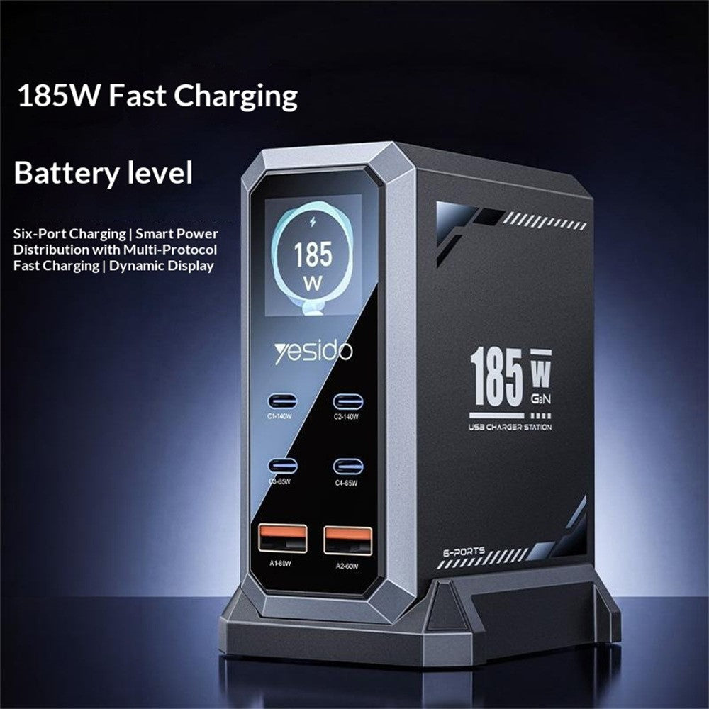 YESIDO YC118 185W GaN-multiportoplader med 6 porte, USB-C PD 3.1, dynamisk TFT-display, ladestation til bærbare enheder