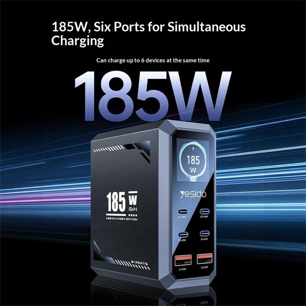 YESIDO YC118 185W GaN-multiportoplader med 6 porte, USB-C PD 3.1, dynamisk TFT-display, ladestation til bærbare enheder