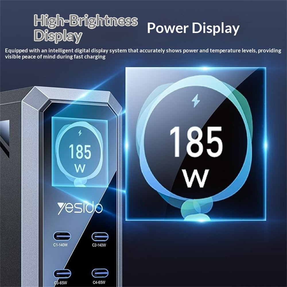 YESIDO YC118 185W GaN-multiportoplader med 6 porte, USB-C PD 3.1, dynamisk TFT-display, ladestation til bærbare enheder