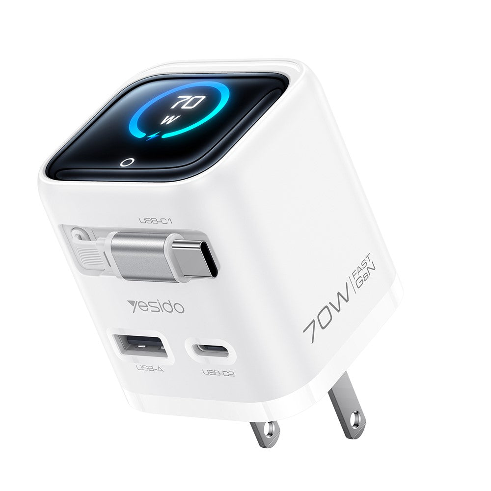 YESIDO YC28U 70W GaN Fast Charger TFT Display USB-A Type-C Adapter with Type-C Retractable Cable , US Plug