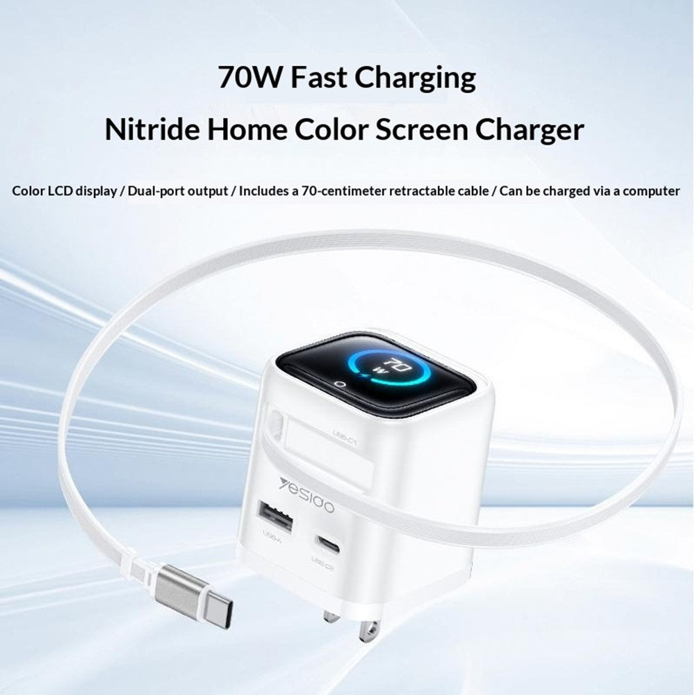 YESIDO YC28U 70W GaN Fast Charger TFT Display USB-A Type-C Adapter with Type-C Retractable Cable , US Plug