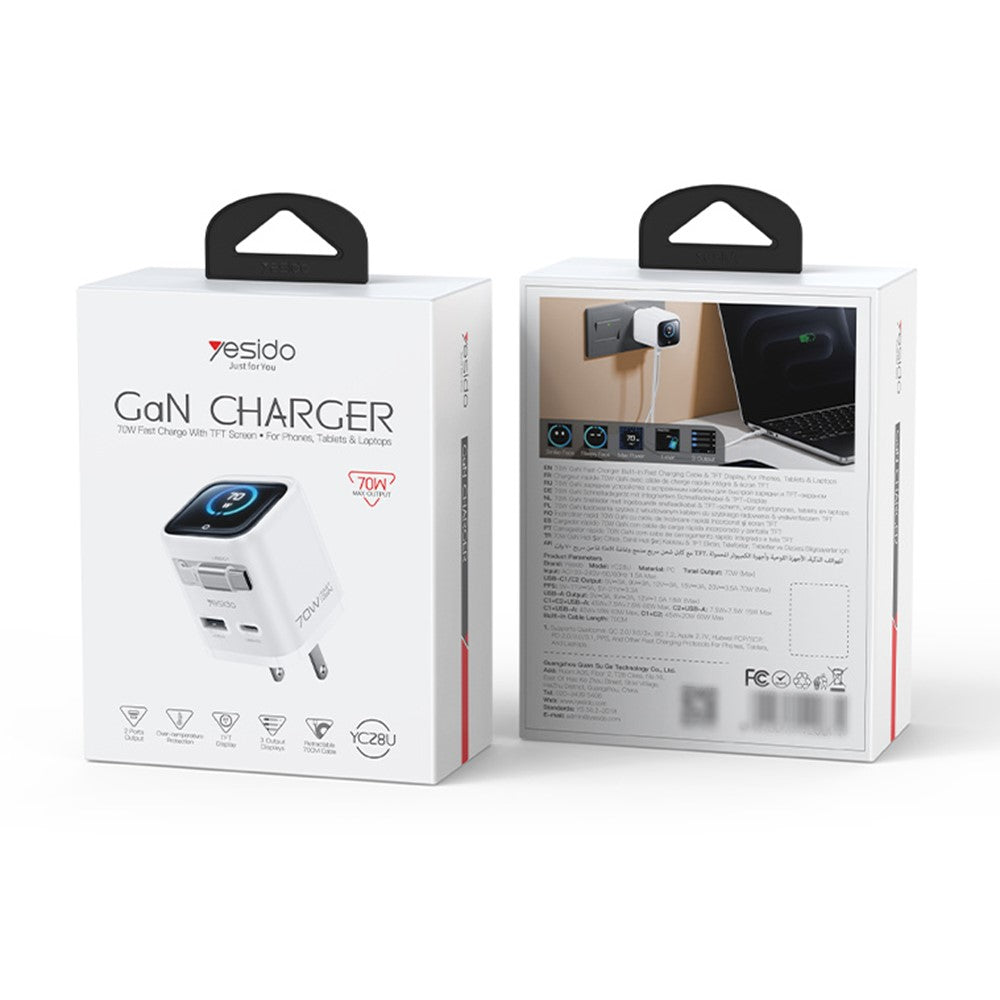 YESIDO YC28U 70W GaN Fast Charger TFT Display USB-A Type-C Adapter with Type-C Retractable Cable , US Plug