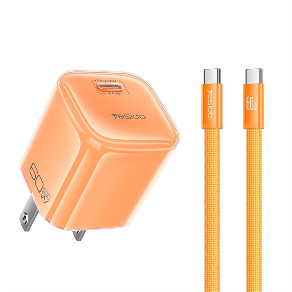 YESIDO YC27U 40W-60W USB-C Charger AVS Fast Charging Kit with Type-C to Type-C Cable, US Plug
