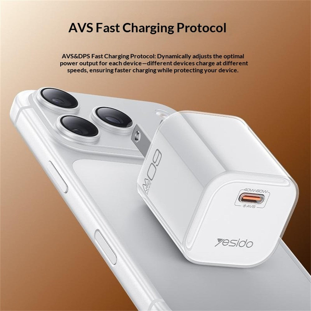 YESIDO YC27U 40W-60W USB-C Charger AVS Fast Charging Kit with Type-C to Type-C Cable, US Plug