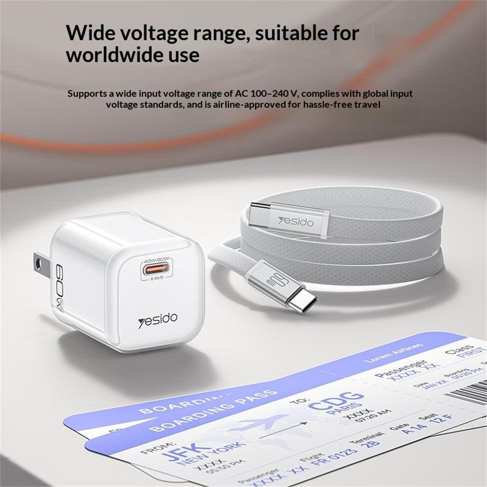 YESIDO YC27U 40W-60W USB-C Charger AVS Fast Charging Kit with Type-C to Type-C Cable, US Plug
