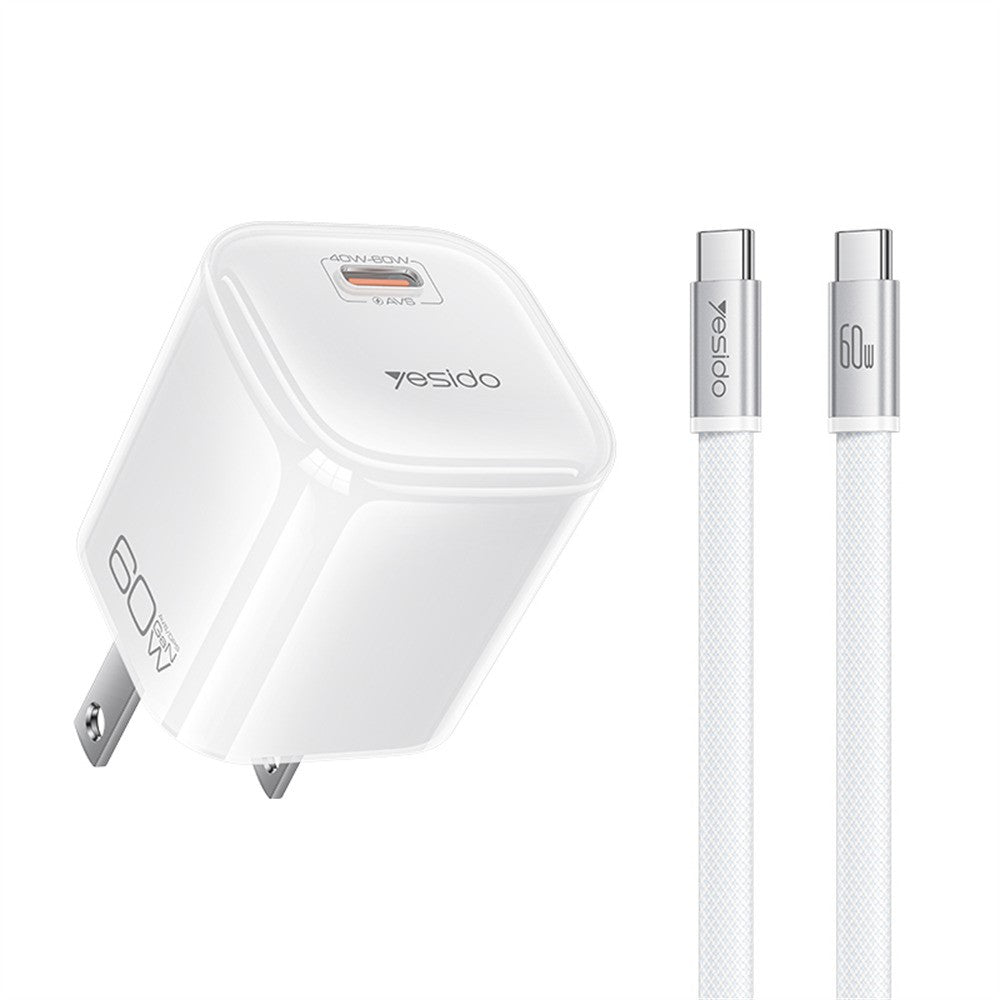 YESIDO YC27U 40W-60W USB-C Charger AVS Fast Charging Kit with Type-C to Type-C Cable, US Plug