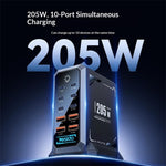 YESIDO YC119 10-portars bordsladdare 205W GaN snabbladdningsstation med RGB-ljus