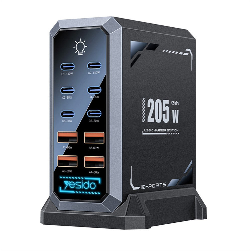YESIDO YC119 10-portars bordsladdare 205W GaN snabbladdningsstation med RGB-ljus