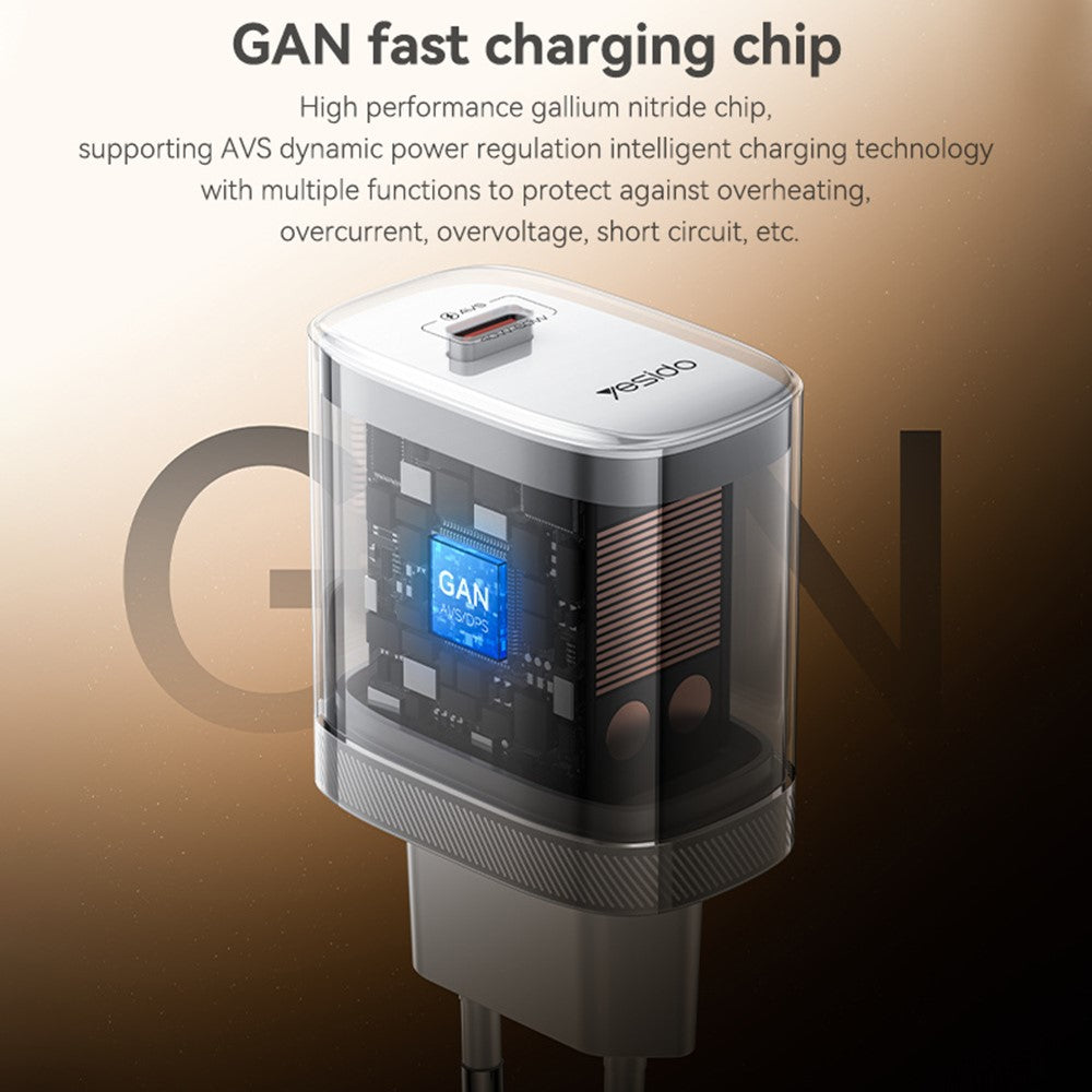 YESIDO YC115 USB-C GaN Charger 40-60W AVS Dynamic Power Adapter with Type-C to Type-C Cable, EU Plug