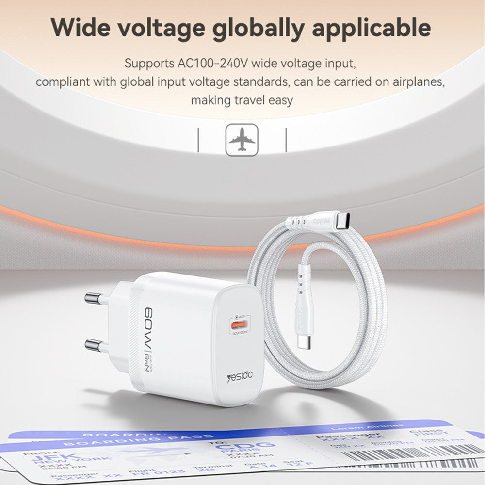 YESIDO YC115 USB-C GaN Charger 40-60W AVS Dynamic Power Adapter with Type-C to Type-C Cable, EU Plug