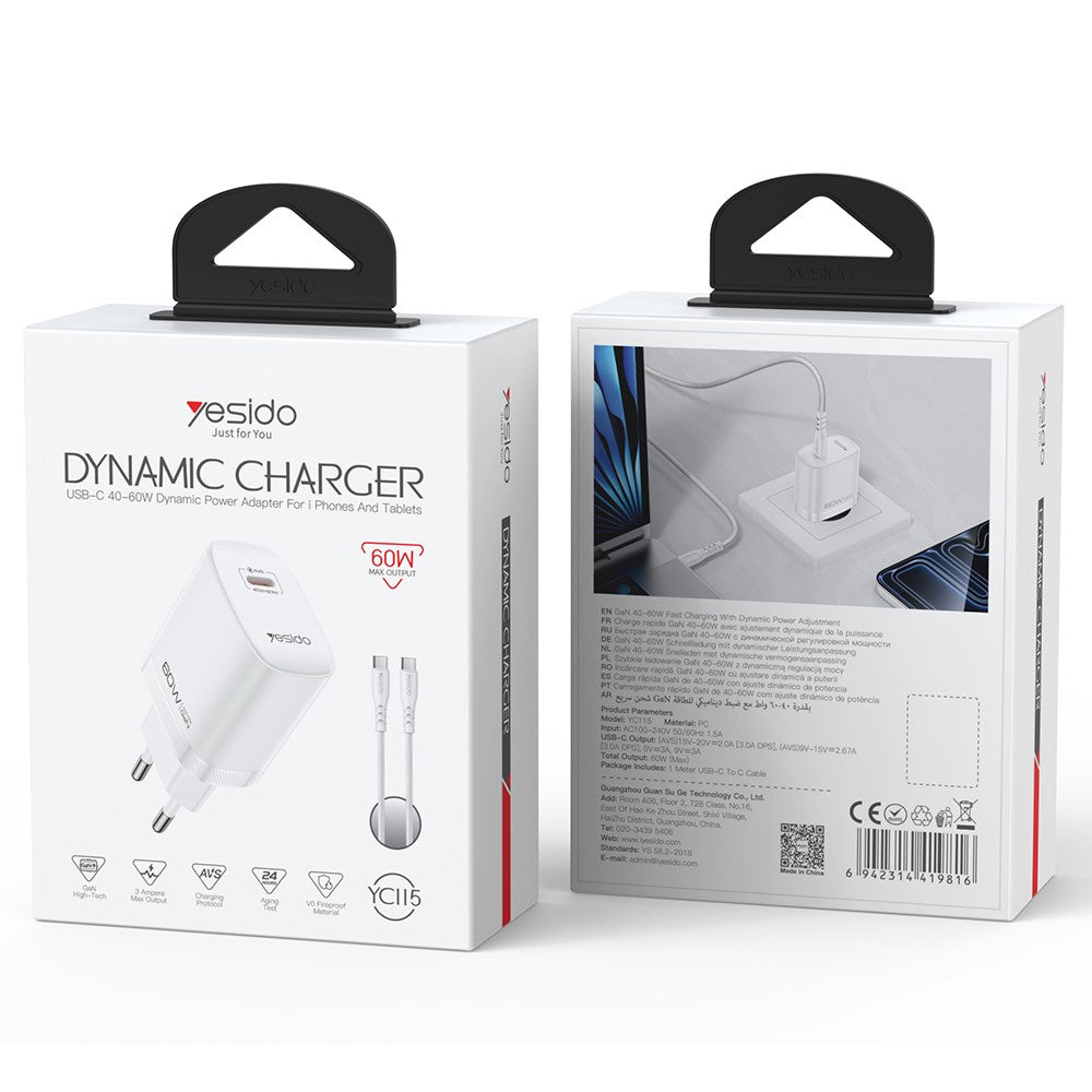 YESIDO YC115 USB-C GaN Charger 40-60W AVS Dynamic Power Adapter with Type-C to Type-C Cable, EU Plug