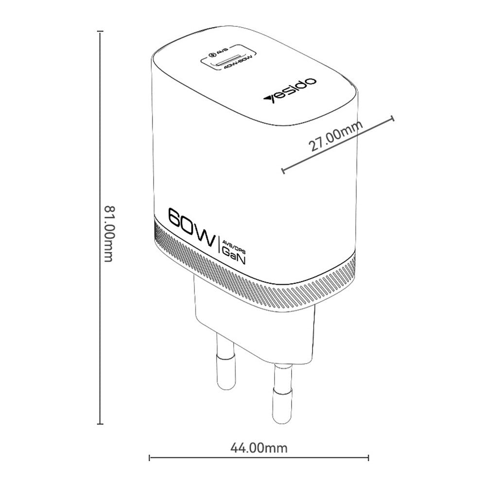 YESIDO YC115 USB-C GaN Charger 40-60W AVS Dynamic Power Adapter with Type-C to Type-C Cable, EU Plug