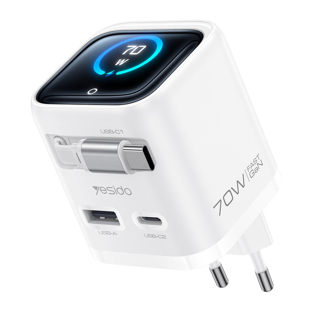 YESIDO YC123 70W GaN Fast Charger with Smart TFT Display, 3-Port USB-C + USB-A Fast Charging Adapter Built-in 70cm Retractable Type-C Cable, EU Plug