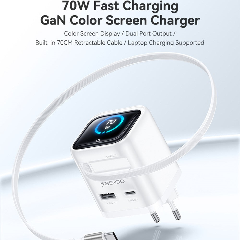 YESIDO YC123 70W GaN Fast Charger with Smart TFT Display, 3-Port USB-C + USB-A Fast Charging Adapter Built-in 70cm Retractable Type-C Cable, EU Plug