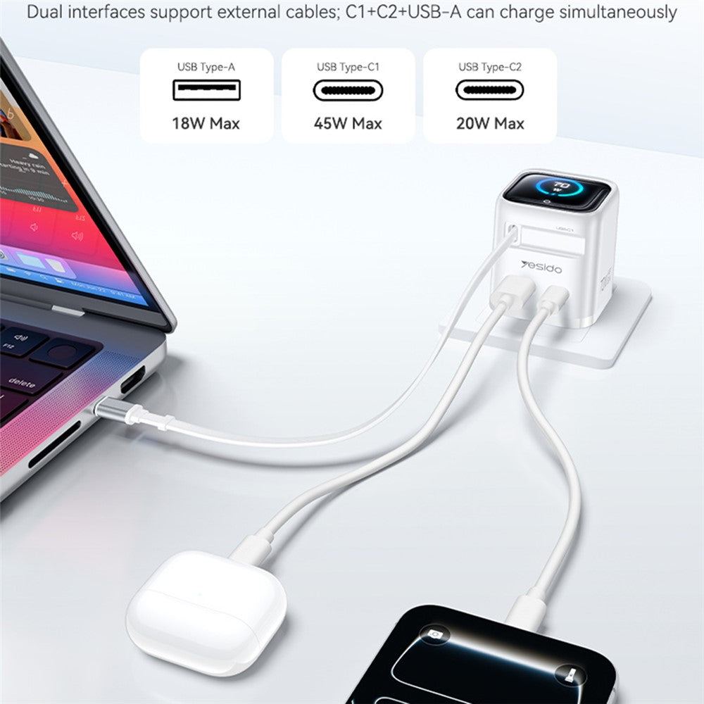 YESIDO YC123 70W GaN Fast Charger with Smart TFT Display, 3-Port USB-C + USB-A Fast Charging Adapter Built-in 70cm Retractable Type-C Cable, EU Plug