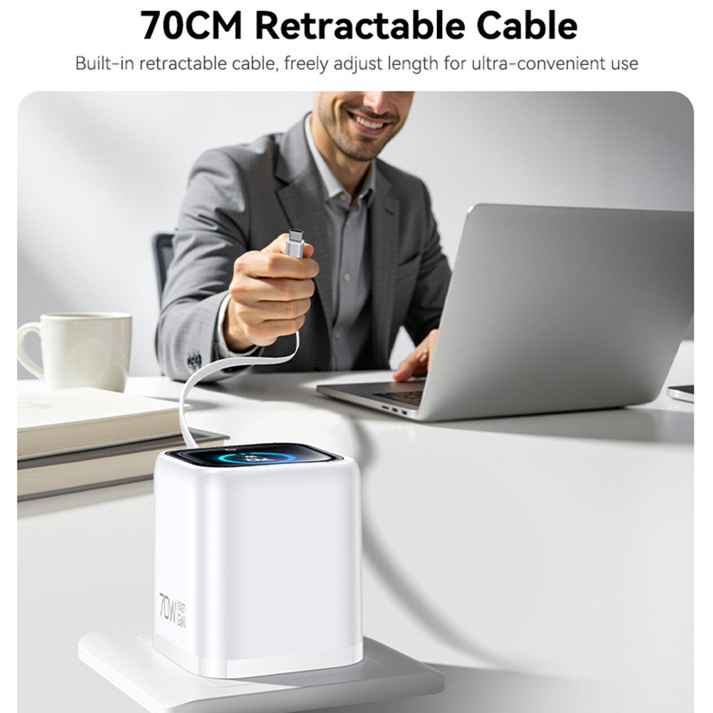 YESIDO YC123 70W GaN Fast Charger with Smart TFT Display, 3-Port USB-C + USB-A Fast Charging Adapter Built-in 70cm Retractable Type-C Cable, EU Plug
