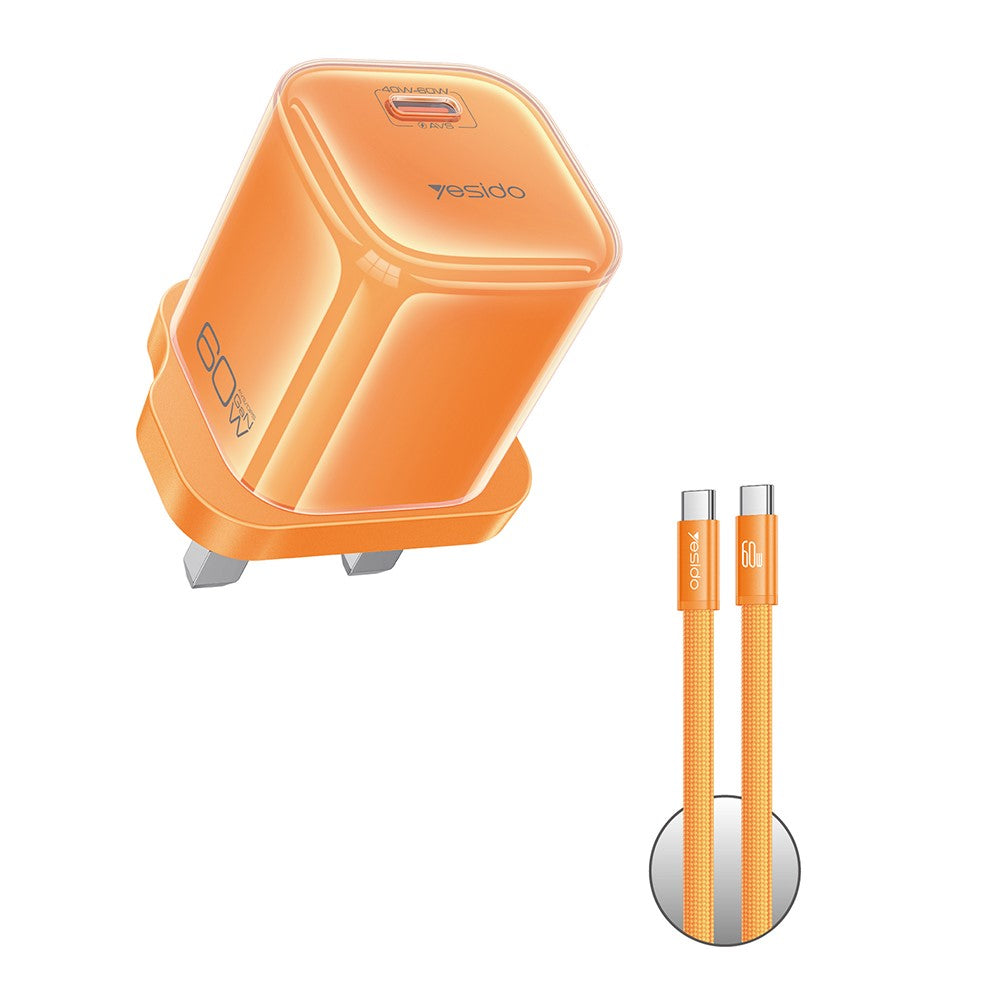 YESIDO YC161 60W Dynamisk Oplader USB-C PD Hurtigopladningsadapter med Type-C til Type-C Kabel, Britisk Stik
