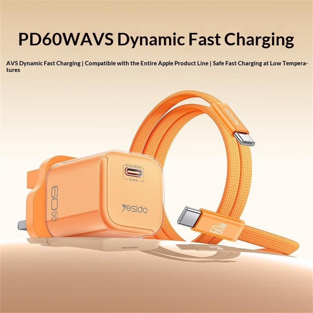 YESIDO YC161 60W Dynamic Charger USB-C PD Fast Charging Adapter with Type-C to Type-C Cable , UK Plug
