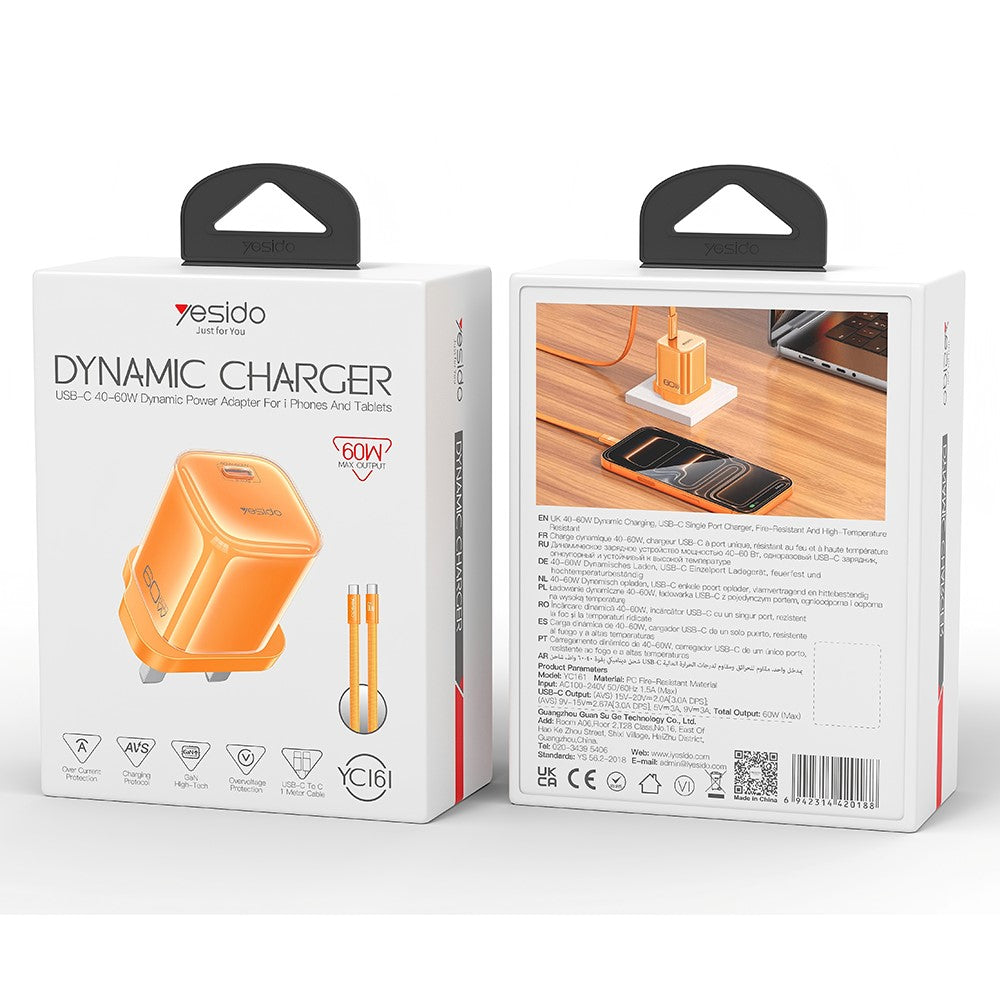 YESIDO YC161 60W Dynamisk Oplader USB-C PD Hurtigopladningsadapter med Type-C til Type-C Kabel, Britisk Stik