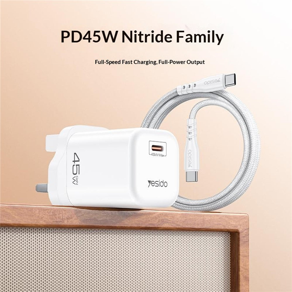 YESIDO YC160 45W GaN Charger USB-C PD Fast Charging Adapter with Type-C Cable , UK Plug