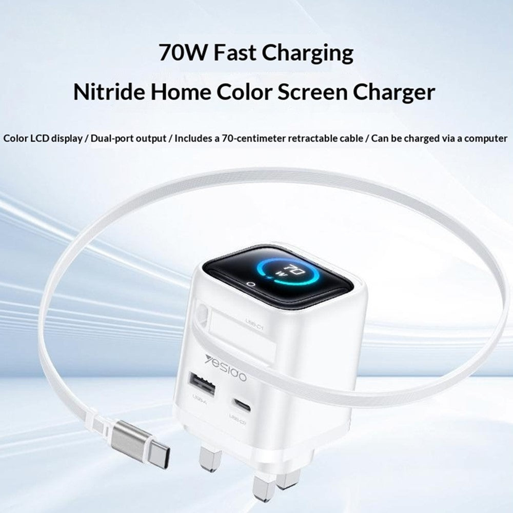 YESIDO YC162 GaN Charger 70W TFT Display Type-C + USB-A Adapter with 70cm Retractable Cable, UK Plug