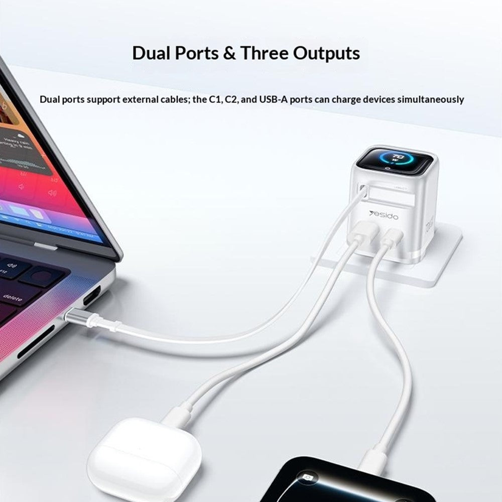 YESIDO YC162 GaN Charger 70W TFT Display Type-C + USB-A Adapter with 70cm Retractable Cable, UK Plug