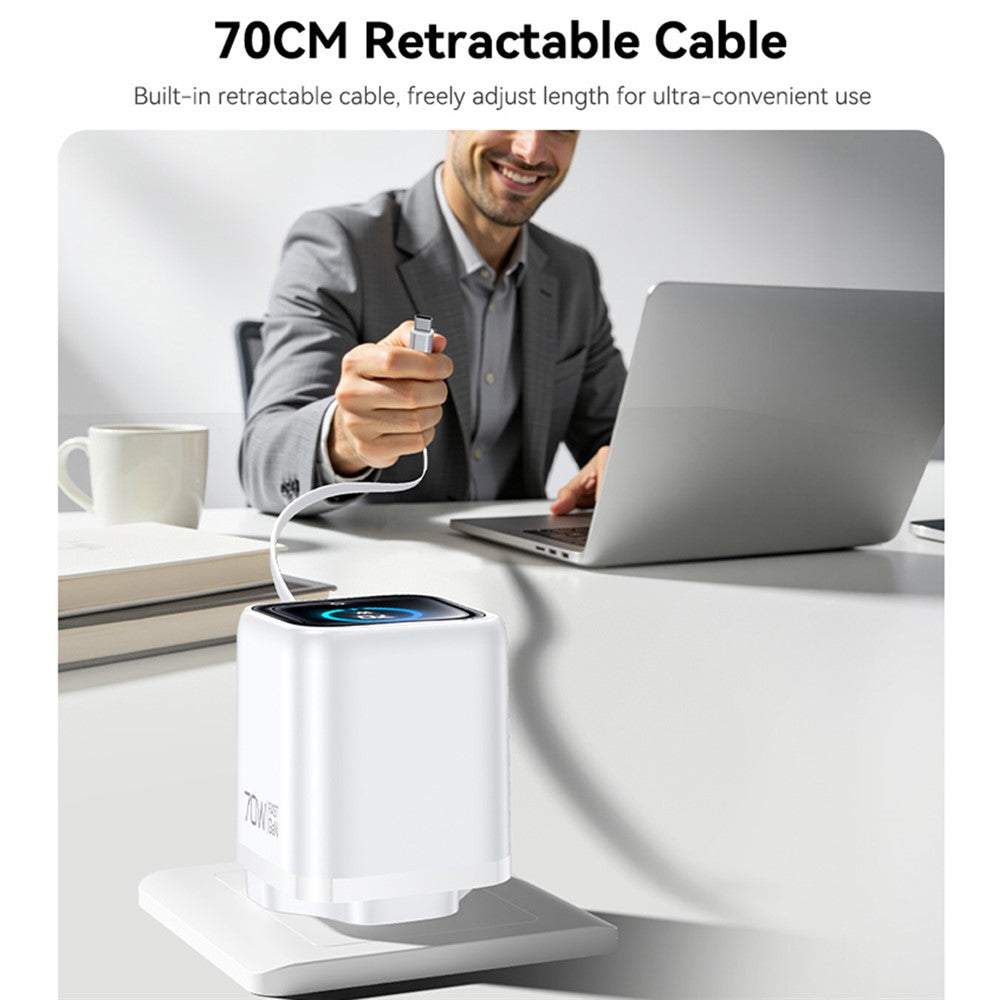 YESIDO YC162 GaN Charger 70W TFT Display Type-C + USB-A Adapter with 70cm Retractable Cable, UK Plug