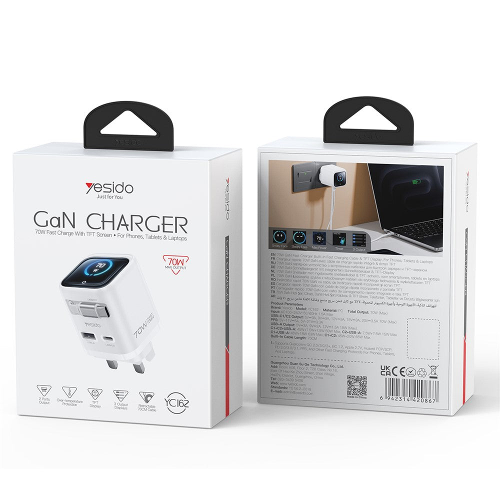 YESIDO YC162 GaN Charger 70W TFT Display Type-C + USB-A Adapter with 70cm Retractable Cable, UK Plug