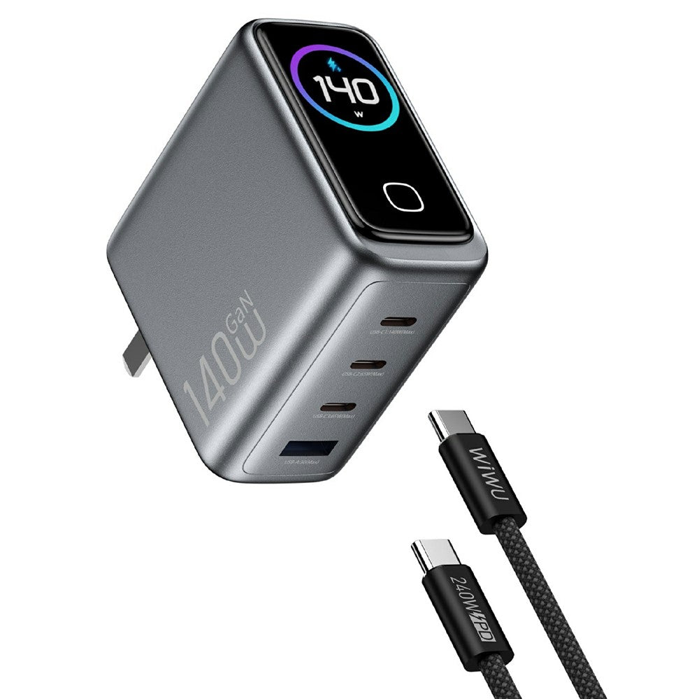 WIWU CHG200 140W GaN Wall Charger USB-A + Type-C 4-Port Fast Charging with TFT Display for Laptop Phone Tablet