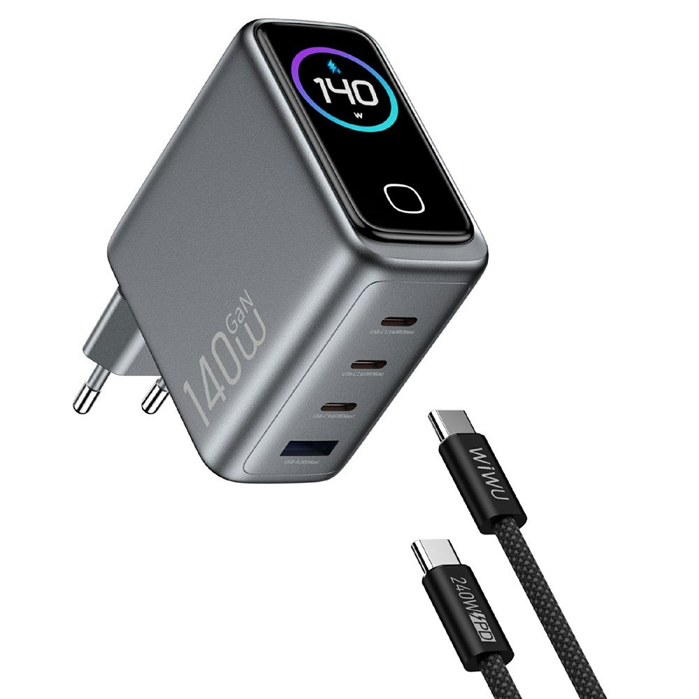 WIWU CHG200 140W GaN Wall Charger USB-A + Type-C 4-Port Fast Charging with TFT Display for Laptop Phone Tablet