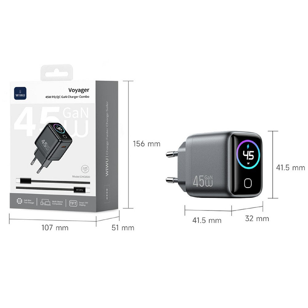 WIWU CHG500 45W USB-C GaN Wall Charger Smart Display PD QC Fast Charging for iPhone Phone Laptop, EU Plug
