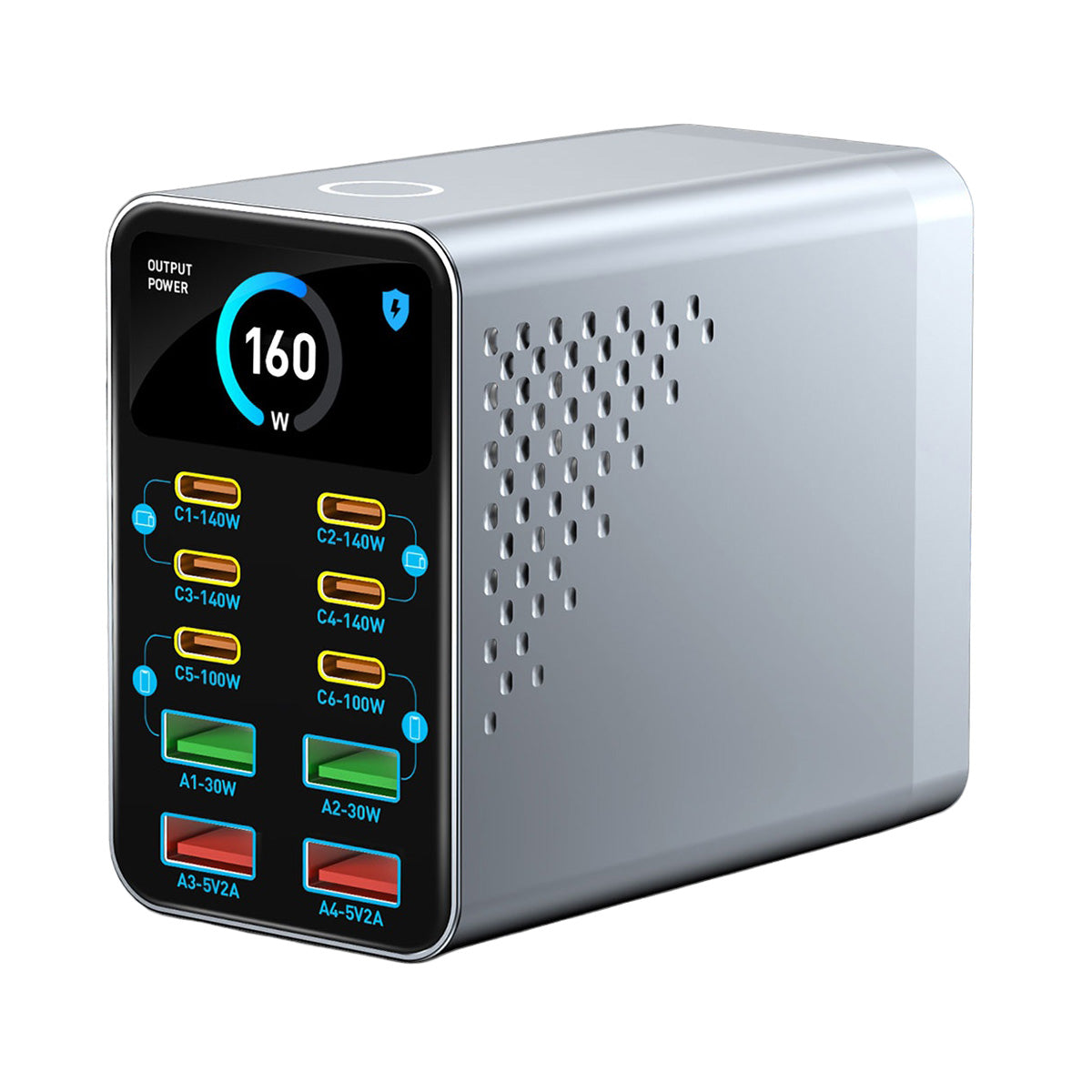 WLX-G2 140W Hurtigoplader USB-A + USB-C 10 Porte GaN Desktop Ladestation med 1,47 Tommer Skærm