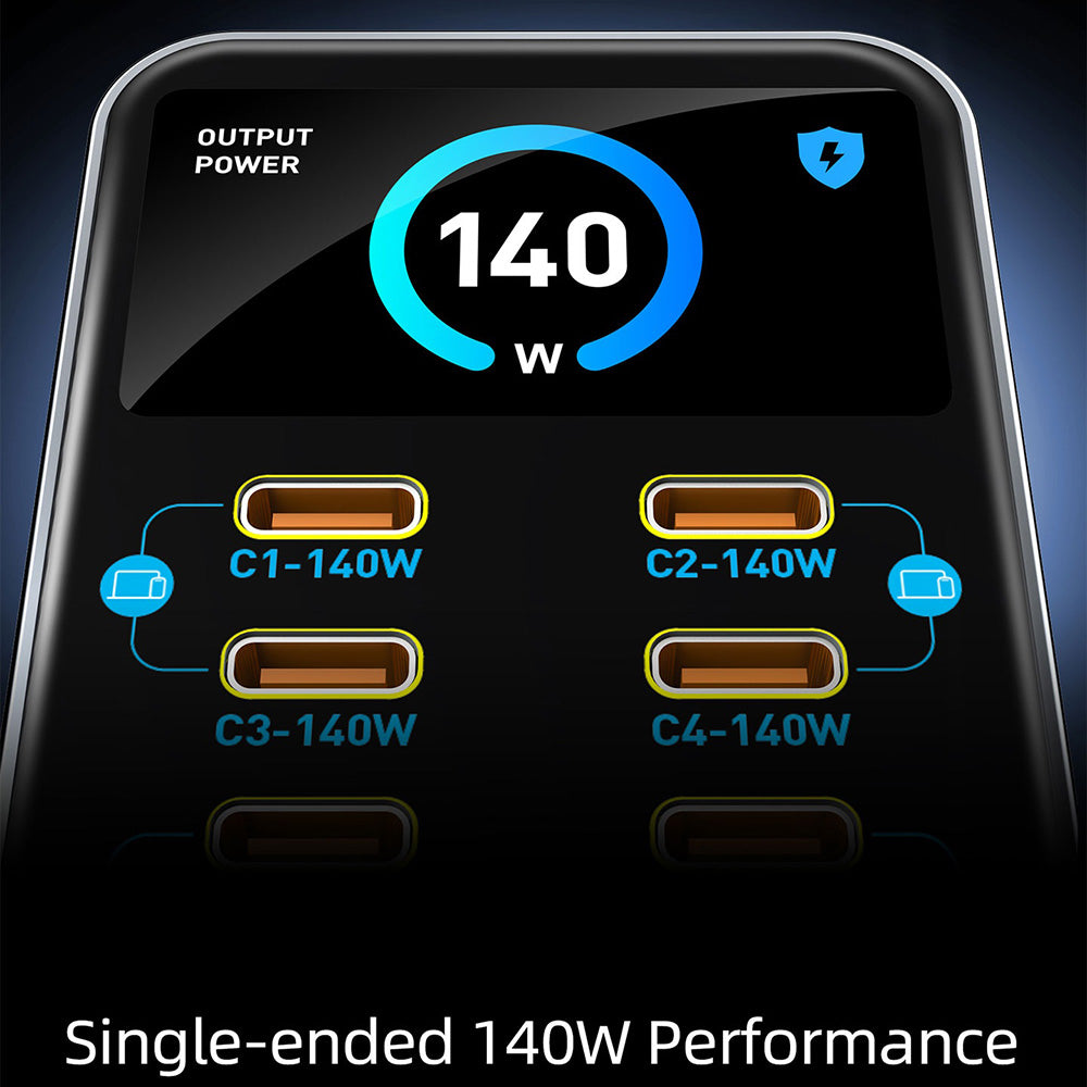 WLX-G2 140W Hurtigoplader USB-A + USB-C 10 Porte GaN Desktop Ladestation med 1,47 Tommer Skærm