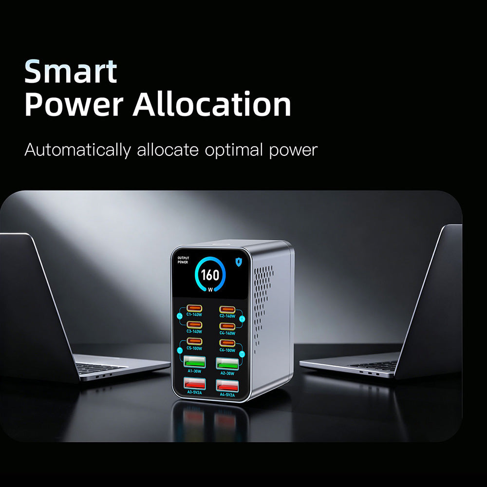 WLX-G2 140W Hurtigoplader USB-A + USB-C 10 Porte GaN Desktop Ladestation med 1,47 Tommer Skærm