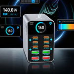 WLX-G2 140W Hurtigoplader USB-A + USB-C 10 Porte GaN Desktop Ladestation med 1,47 Tommer Skærm
